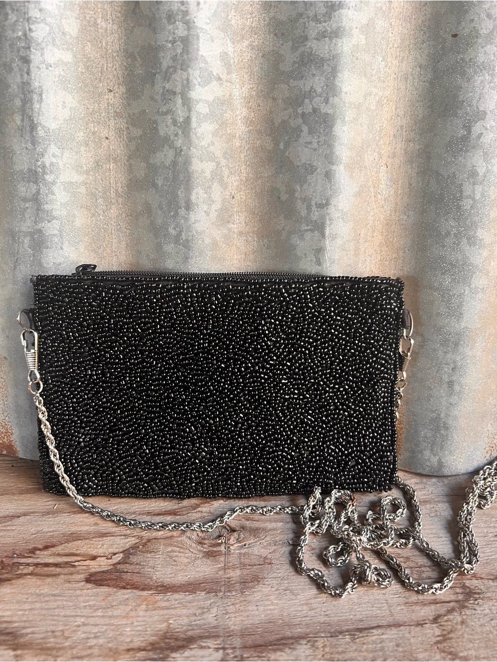 Vintage K.C. Malhan Black Hand-Beaded Crossbody Clutch Bag
